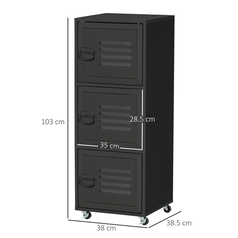 Rolling Storage Cabinet 3-Tier Mobile File Cabinet with Wheels & Metal Doors for Home Office, Living Room, Black