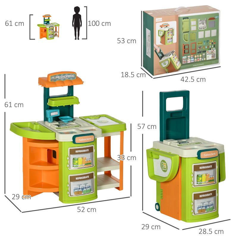 Cash Register for Kids Children Trolley, 58 Pcs Foldable Toy Shop Pretend Play Till w/ Scanner, Beverage Food Vegetable, for Kids Aged 3-6
