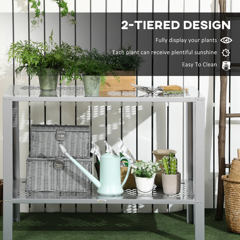 2-Tier Plant Stand, Corner Plant Shelf for Outdoor and Indoor Storage Organizer, Freestanding Flower Rack w/Steel Frame, Mesh Board, Silver
