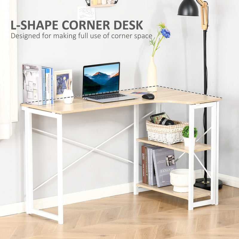 L-Shaped Computer Desk, Folding Home Office Corner Desk Study Workstation Table with 2 Shelves, Oak Tone