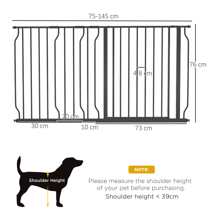 75-145cm Dog Gate Extra Wide Stairway Gate for Pet,Pressure Fit Stair Gate for Doorways, Hallways, Staircases, Black