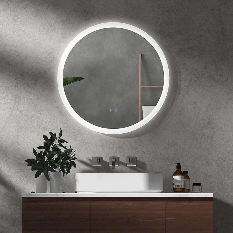 Round Illuminated Bathroom Mirrors w/ LED Lights, Wall Mount Mirror w/ 3 Colours, Anti-Fog, Memory Function & Aluminium, 70 x 70 cm