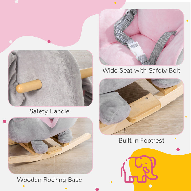Baby Rocking Horse Elephant Rocking Chair Rocker Toy with Wooden Base Seat Safety Belt for 1.5-3 Year Old, Grey