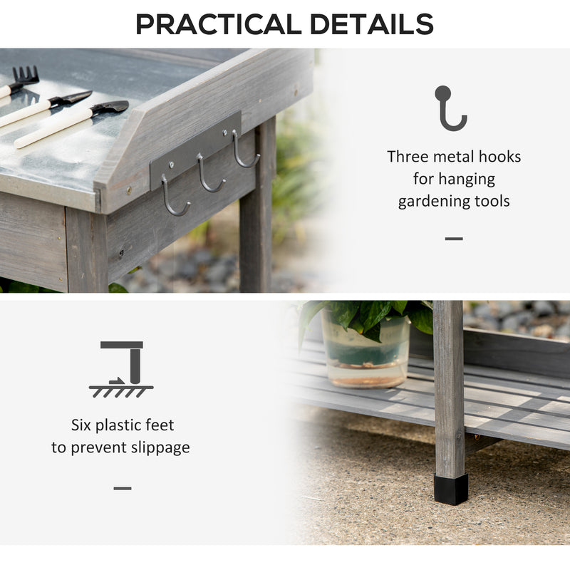 Garden Potting Table, Wooden Workstation Bench w/ Galvanized Metal Tabletop, Drawer, Storage Shelves and Hooks for Courtyards, Balcony
