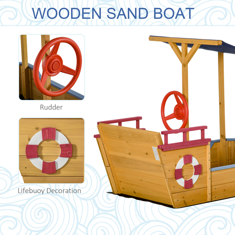 Kids Wooden Sandbox Play Station, Covered Children Sand boat Outdoor, for Backyard, w/ Canopy Shade, Aged 3-8 Years Old, Orange