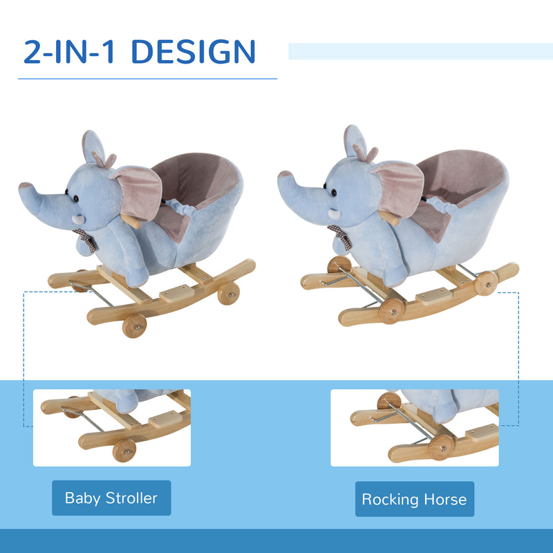 2 In 1 Plush Baby Ride on Rocking Horse Elephant Rocker with Wheels Wooden Toy for Kids 32 Songs (Blue)