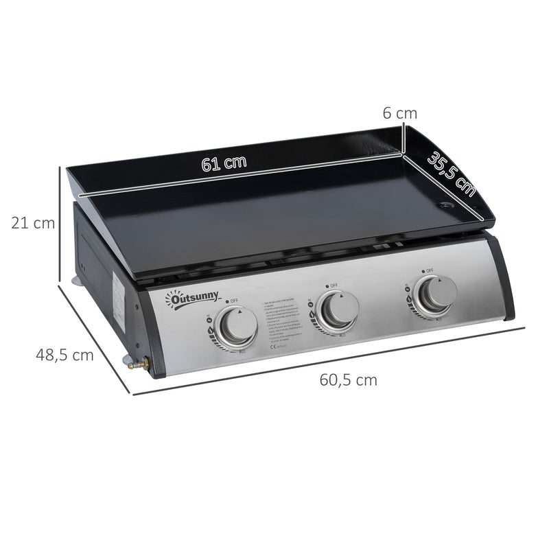 Gas Plancha Grill with 3 Stainless Steel Burner, 9kW, Portable Tabletop Gas BBQ w/Non-Stick Griddle for Camping Picnic Garden Party Festival