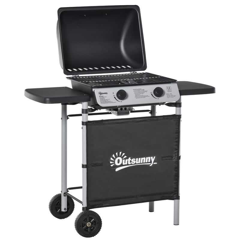 2 Burner Gas Barbecue Grill Propane Gas Cooking BBQ Grill 5.6 kW with Side Shelves Wheels