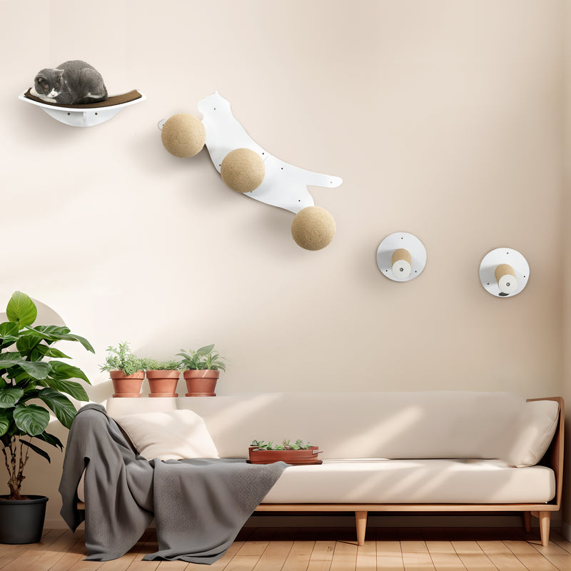 4 Pieces Wall Mounted Cat Shelves, Cat-shaped Platform with Three Scratching Balls, Cat Wall Furniture with Scratching Posts, White