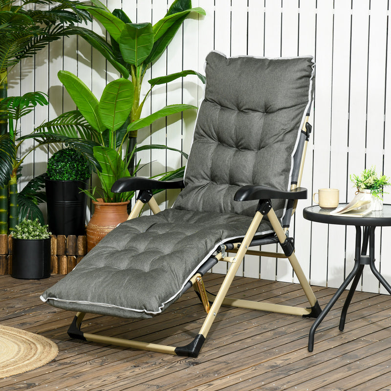 Outdoor Reclining Sun Lounger Chair, Folding Garden Recliner with Cushion, Pillow, Adjustable Backrest and Footrest for Patio, Deck