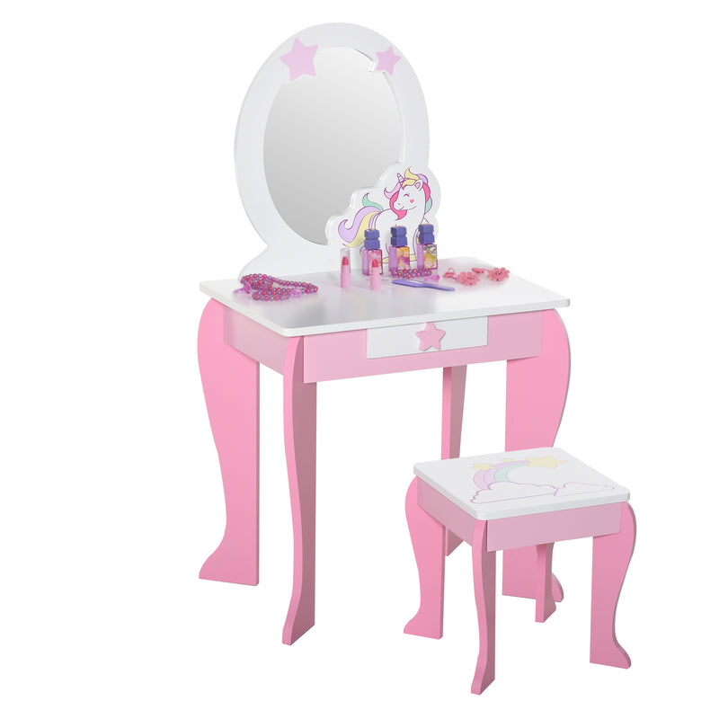 Girls Dressing Table w/ Mirror & Stool, Kids Dressing Table, Unicorn Pretend Play Toy for Toddles Age 3-6 Years, Acrylic Mirror, Pink & White