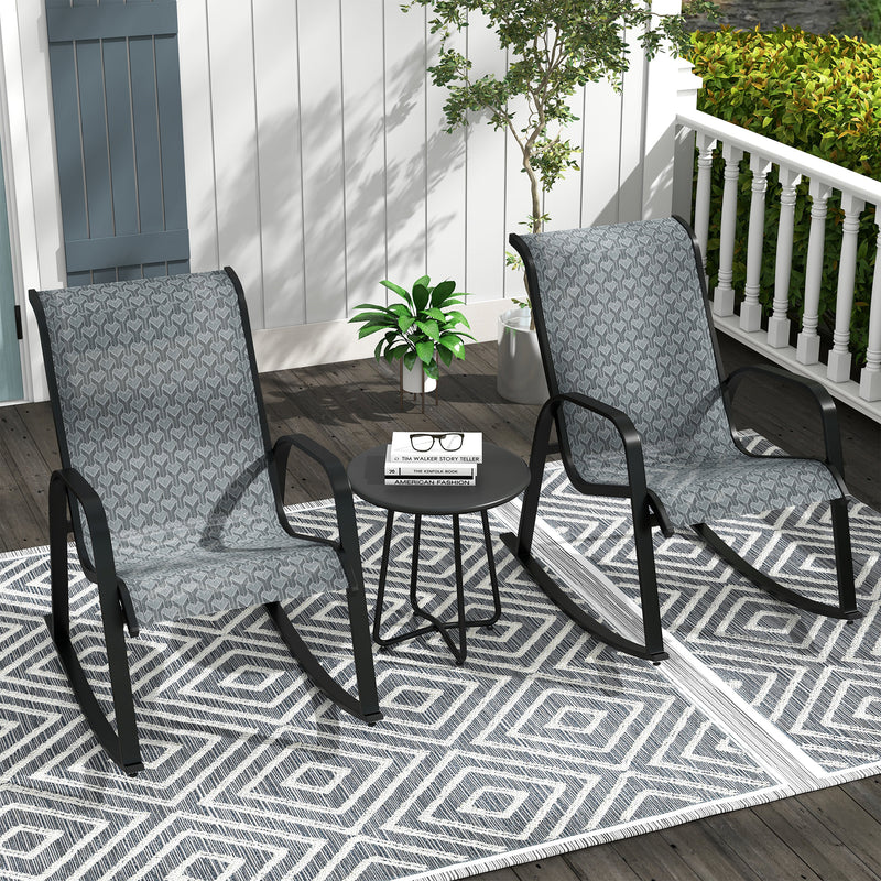 3 Pcs Garden Rocking Set w/ 2 Armchairs, Metal Top Coffee Table, Patio Bistro Set w/ Curved Armrests, Breathable Mesh Fabric Seat, Mixed Grey