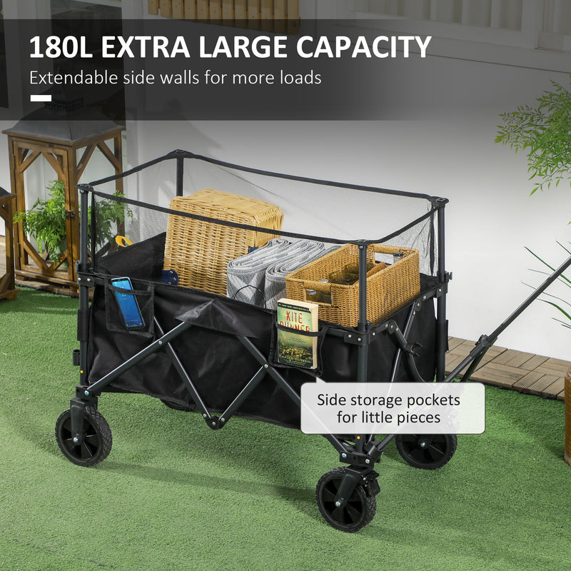 Folding Garden Trolley, 180L Wagon Cart with Extendable Side Walls, for Beach, Camping, Festival, Black
