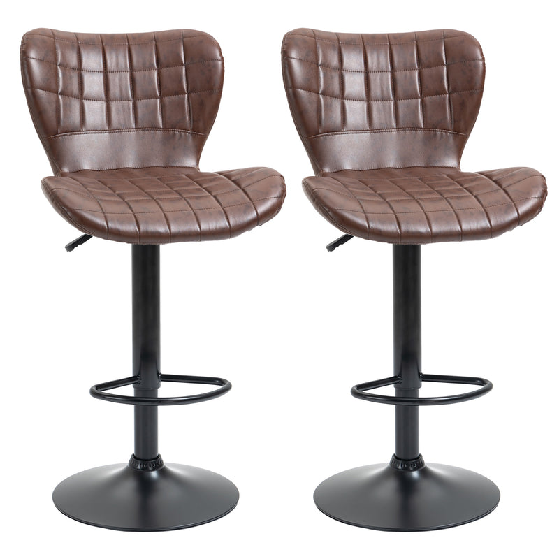 Bar Stools Set of 2 Adjustable Height Swivel Bar Chairs in PU Leather with Backrest & Footrest, Brown