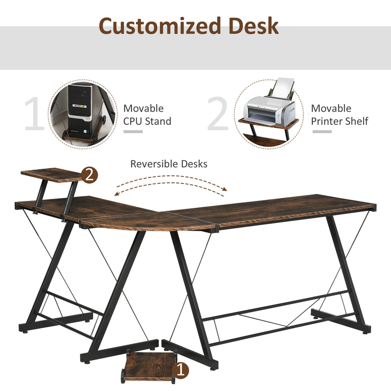 L Shaped Office Desk Round Corner Gaming Table Workstation with Storage Shelf, CPU Stand for Home Office