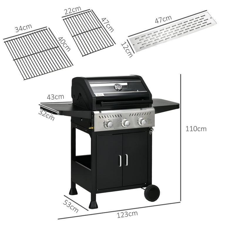 9 kW 3 Burner Gas BBQ Grill with See-through Lid, Black