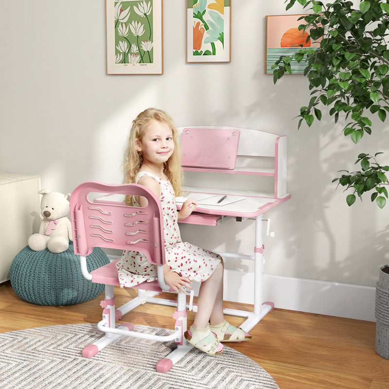Height Adjustable Kids Study Table and Chair Set, with Drawer, Storage Shelf, 80 x 54.5 x 104 cm, Pink