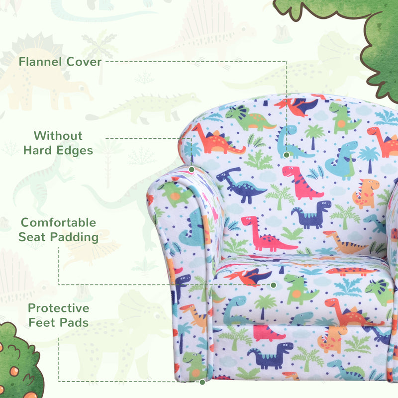 Children Armchair Kids Sofa Tub Chair Seat Cartoon Dinosaur Pattern Bedroom Flannel Wooden Frame Non-slip Playroom Seater
