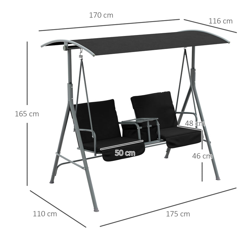 2 Seater Garden Swing Chair Patio Rocking Bench w/ Tilting Canopy, Double Padded Seats, Storage Bag and Tray, Black