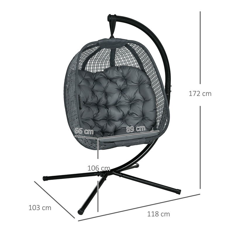 Outdoor Swing Chair w/ Thick Padded Cushion, Patio Hanging Chair w/ Metal Stand, Foldable Basket, Cup Holder, Dark Grey