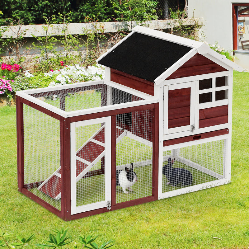 122 Wooden Rabbit Hutch Bunny Cage with Waterproof Asphalt Roof, Fun Outdoor Run, Removable Tray and Ramp, Brown