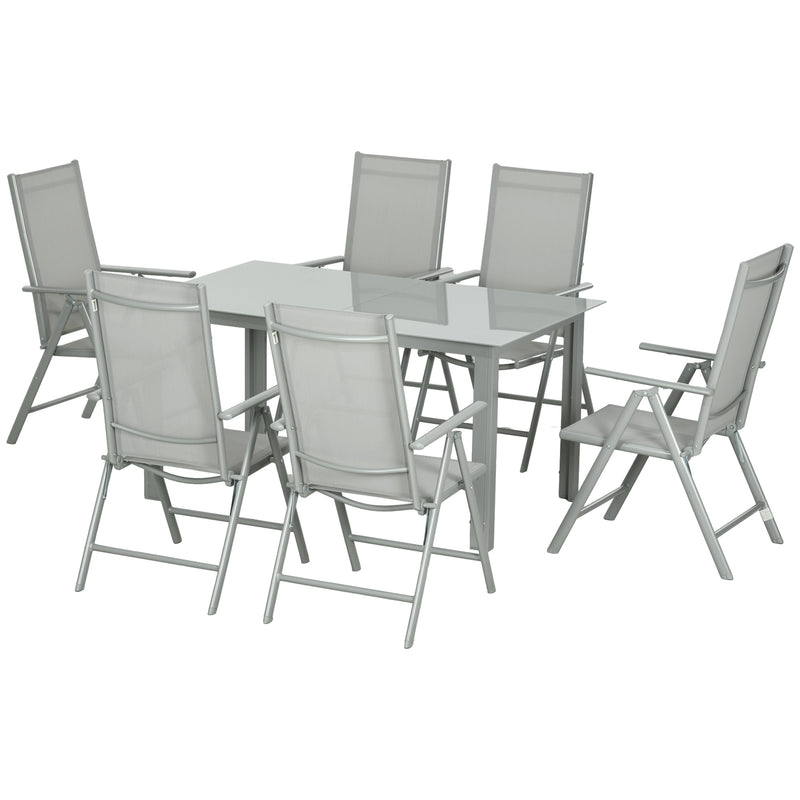 7 Piece Garden Dining Set, Outdoor Table and 6 Folding and Reclining Chairs, Aluminium Frame, Tempered Glass Top Table, Texteline Seats, Grey