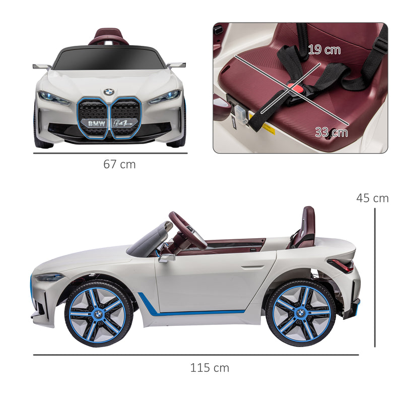 BMW i4 Licensed 12V Kids Electric Ride on Car w/ Remote Control, Powered Electric Car w/ Portable Battery, Music, for Kids Aged 3-6, White