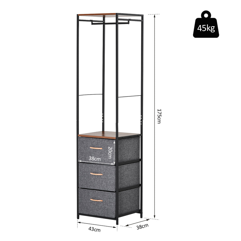 Chest of Drawers with Coat rack Steel Frame 3 Drawers Bedroom Hallway Home Furniture Black Brown