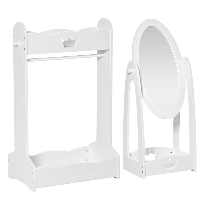 Kids Clothes Rail and Mirror Set 360° Rotation Free Standing Full Length Mirror and Hanging Rack with Storage Shelves Dressing Mirror White