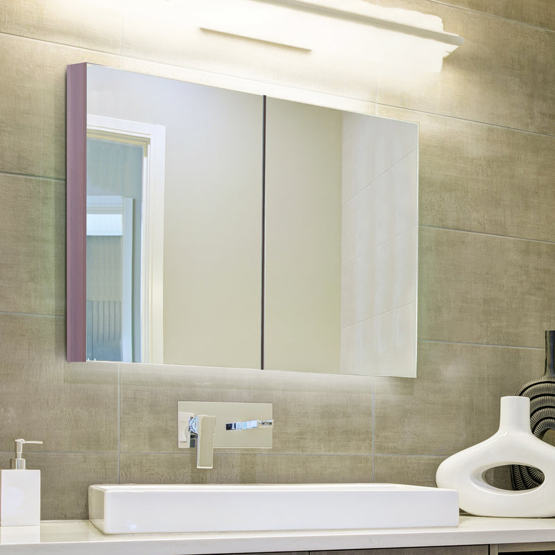 Wall Mounted Glass Bathroom Mirror Cabinet Storage Shelf, 63Wx60Hx13.5T cm-Light Walnut