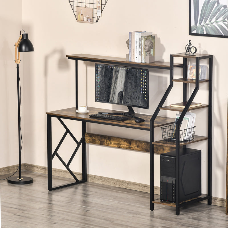 Computer Desk with Shelves Home Office Study Table with 6 Tier Storage Industrial Workstation for Small Spaces Rustic Brown