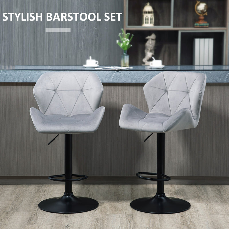 Set Of 2 Bar stools With Backs , Velvet-Touch Barstools w/ Metal Frame Footrest Triangle Indenting Moulded Seat Adjustable Height Swivel Grey