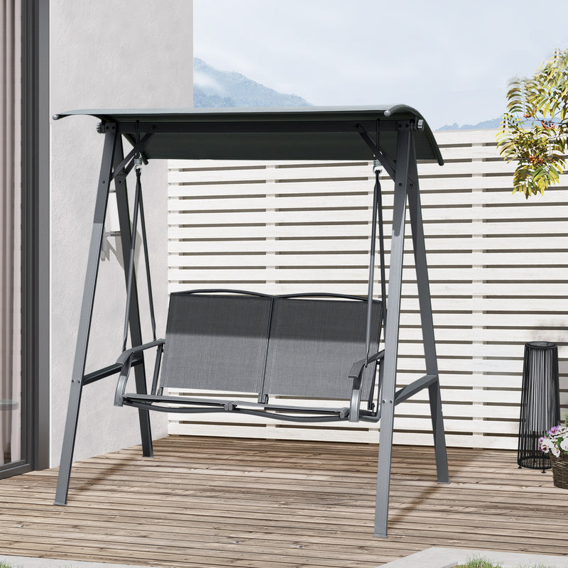 2 Seater Garden Swing Chair, Outdoor Canopy Swing Bench with Adjustable Shade and Metal Frame, Dark Grey