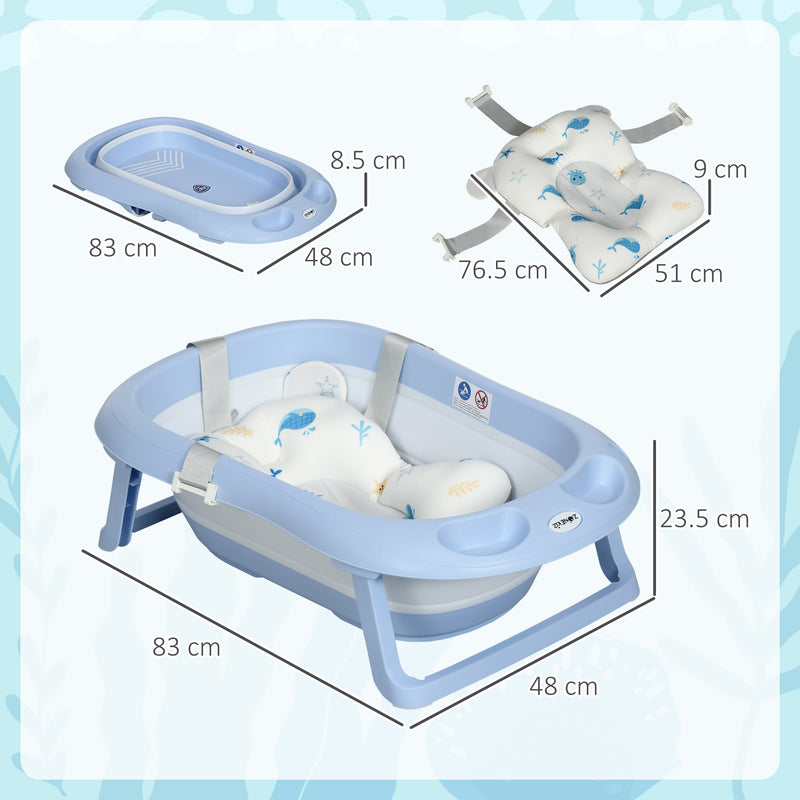 Foldable Baby Bath Tub, Bath Tub with Non-Slip Support, Cushion Pad, Drain Plugs, Shower Head Holder, for Newborn to 6 Years - Blue