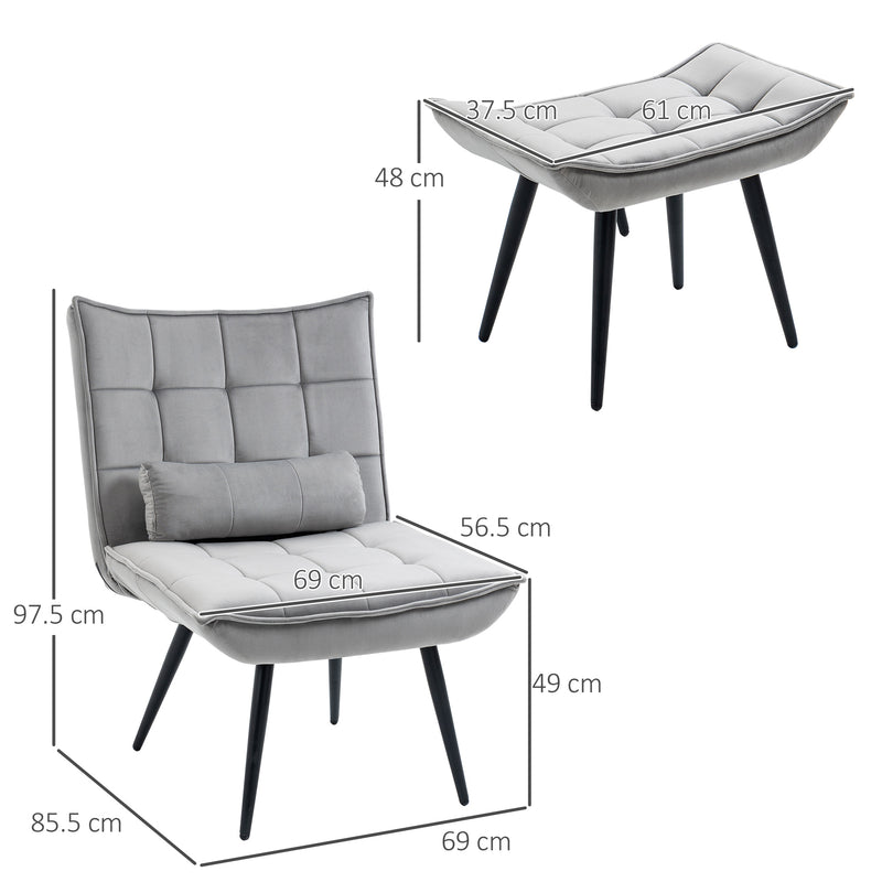 Armless Accent Chair w/ Footstool Set, Modern Tufted Upholstered Lounge Chair w/ Pillow, Steel Legs, Grey