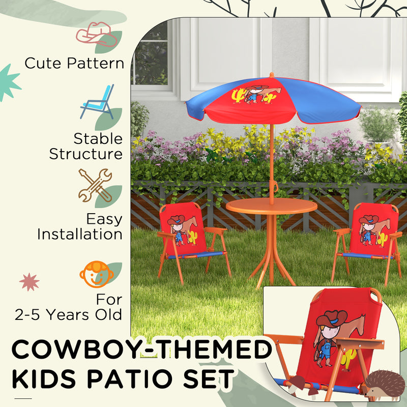 Kids Picnic Table and Chair Set Cowboy Themed Outdoor Garden Furniture w/ Foldable Chairs, Adjustable Parasol
