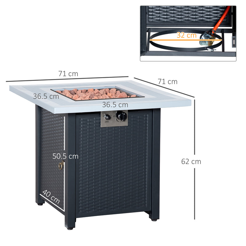 Square Propane Gas Fire Pit Table, 40000 BTU Rattan Smokeless Firepit Patio Heater with Lava Rocks and Lid, 71cm x 71cm x 62cm, Black