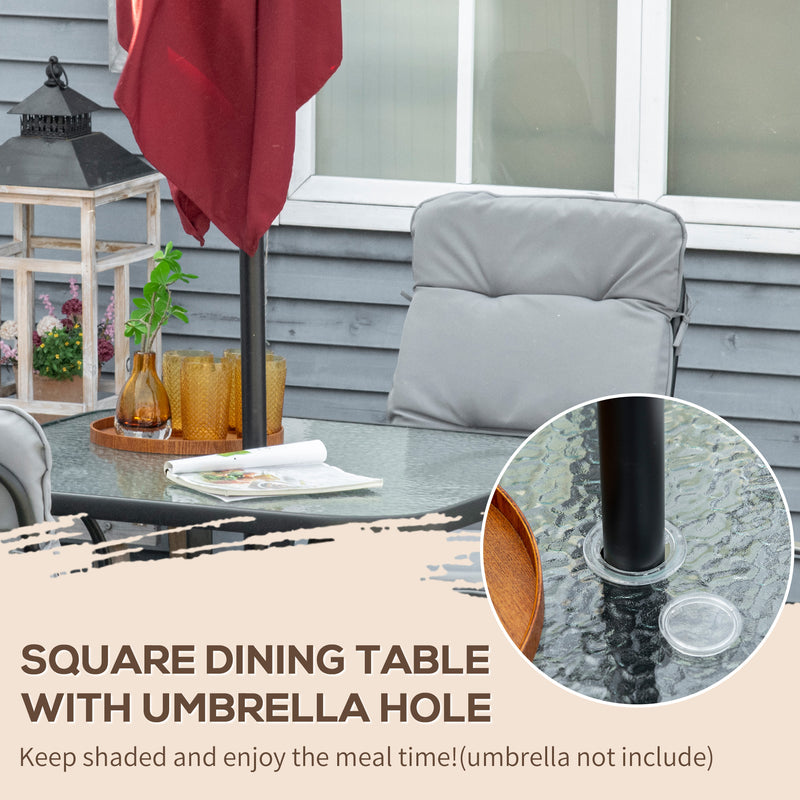 5 Pieces Garden Dining Set, Outdoor Square Dining Table and 4 Cushioned Armchairs, Tempered Glass Top Table w/ Umbrella Hole Black
