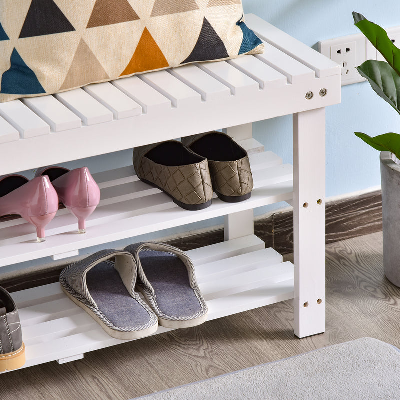 Shoe Bench, 3-Tier Wooden Shoe Rack with Hidden Storage Compartment, Slatted Shelves, Home Storage Unit, Hallway Furniture, White