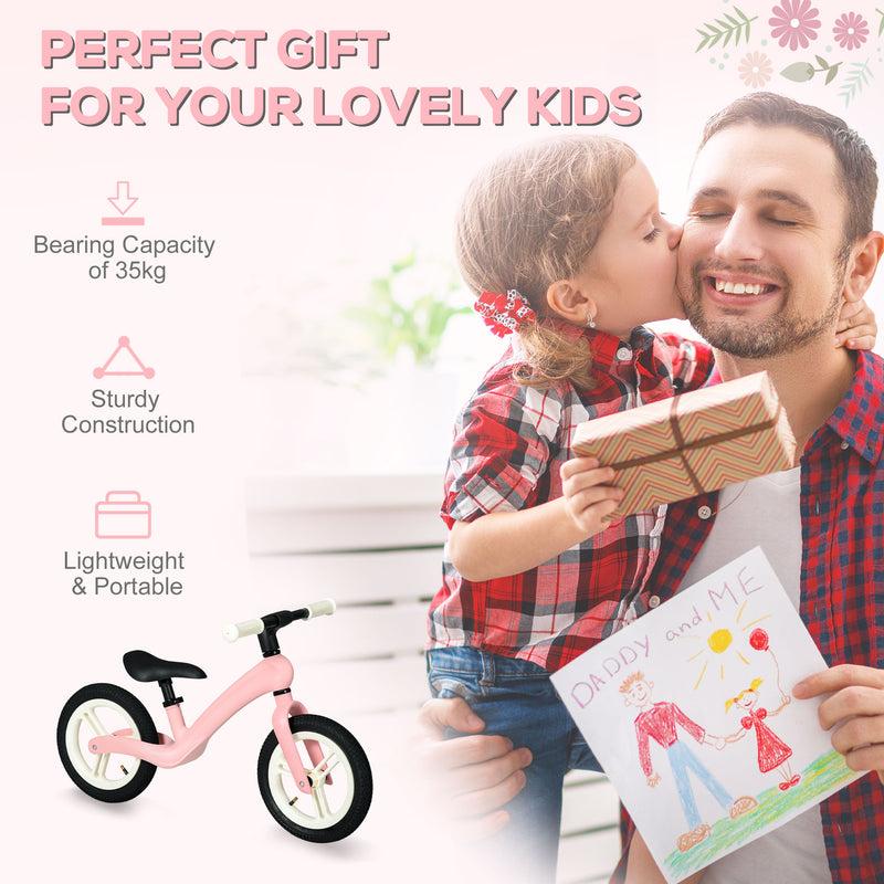 12" Kids Balance Bike, Lightweight Training Bike for Children No Pedal with Adjustable Seat, Rubber Wheels - Pink