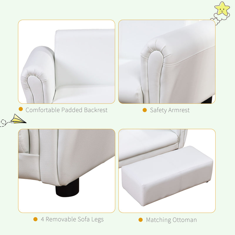 2 Seater Toddler Chair Kids Twin Sofa Childrens Double Seat Chair Furniture Armchair Boys Girls Couch w/ Footstool (White)