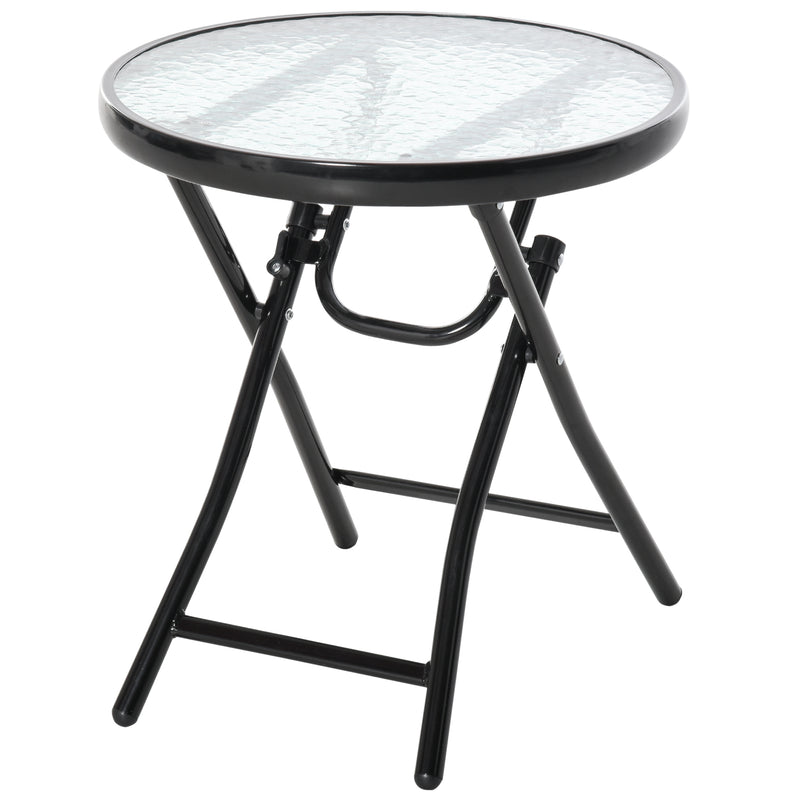 Foldable Garden Table, Round Folding Table with Glass Tabletop and Safety Buckle for Patio, Garden, Outdoor, Indoor, Black