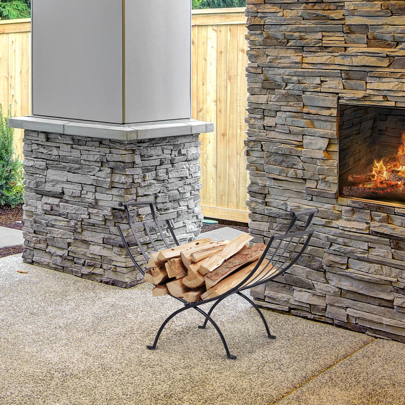 Folding Wood Log Holder Fireplace Storage Rack Matte Metal Elevated Indoor Outdoor 45x35cm Black