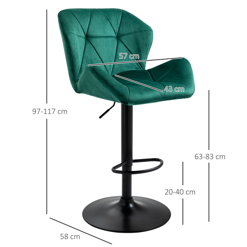 Bar Stools Set Of 2, Luxurious Velvet-Touch Barstools with Metal Frame Footrest Round Base Triangle Indenting Adjustable Height Swivel Green
