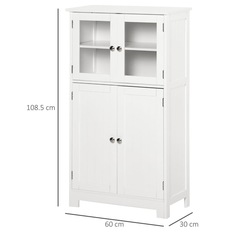 Bathroom Floor Storage Cabinet with Tempered Glass Doors and Adjustable Shelf, Free Standing Organizer for Living Room Entryway, White
