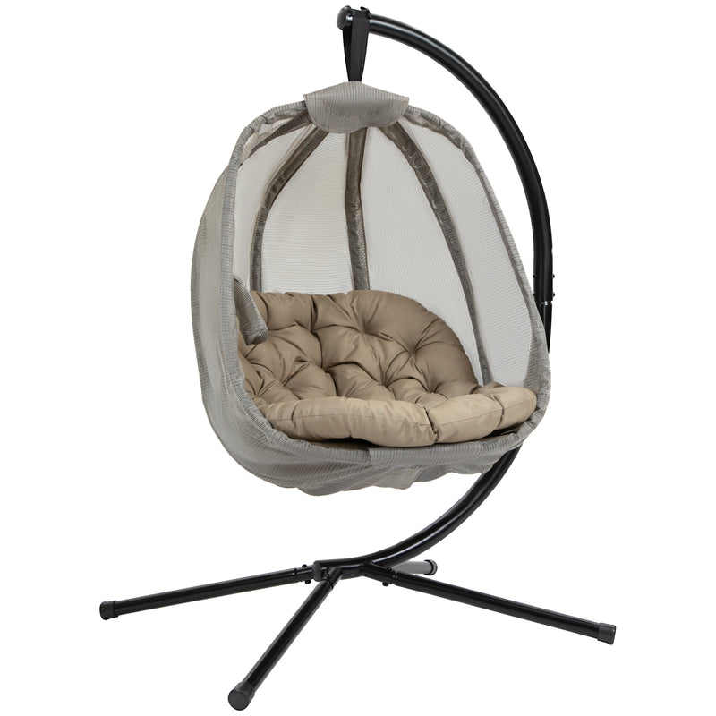 Hanging Egg Chair, Folding Swing Hammock with Cushion and Stand for Indoor Outdoor, Patio Garden Furniture, Khaki