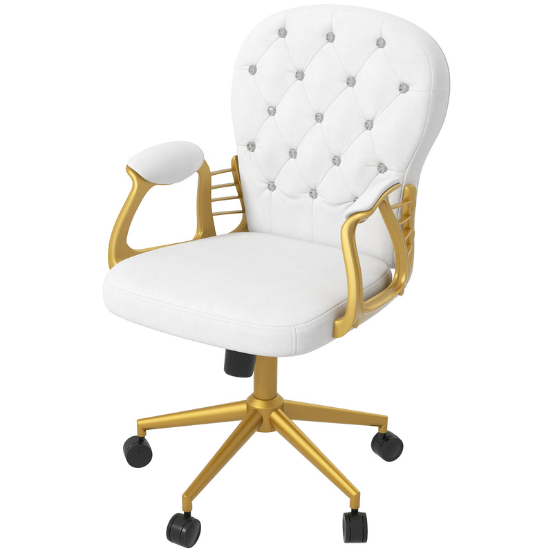 Height Adjustable Home Office Chair, Button Tufted Computer Chair with Padded Armrests and Tilt Function, Cream White