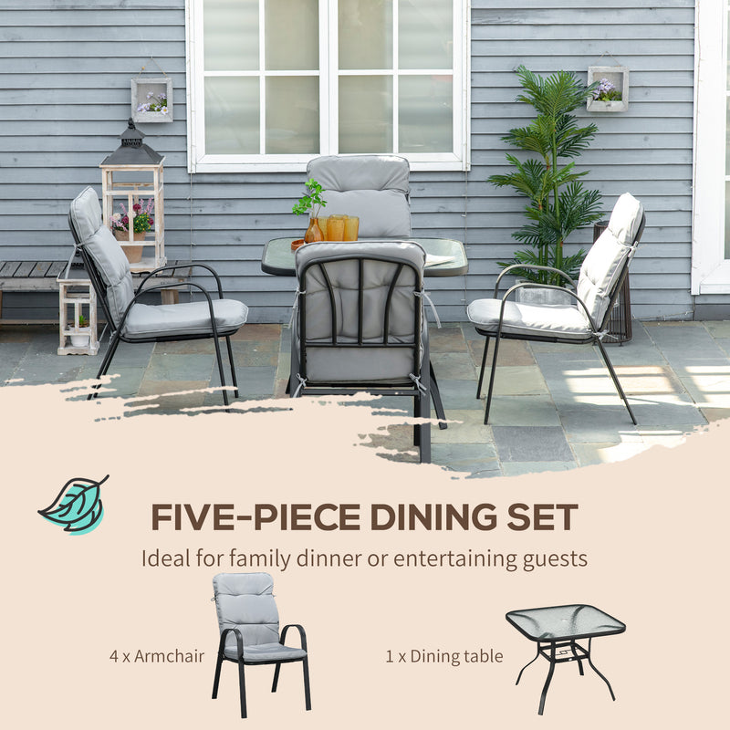 5 Pieces Garden Dining Set, Outdoor Square Dining Table and 4 Cushioned Armchairs, Tempered Glass Top Table w/ Umbrella Hole Black