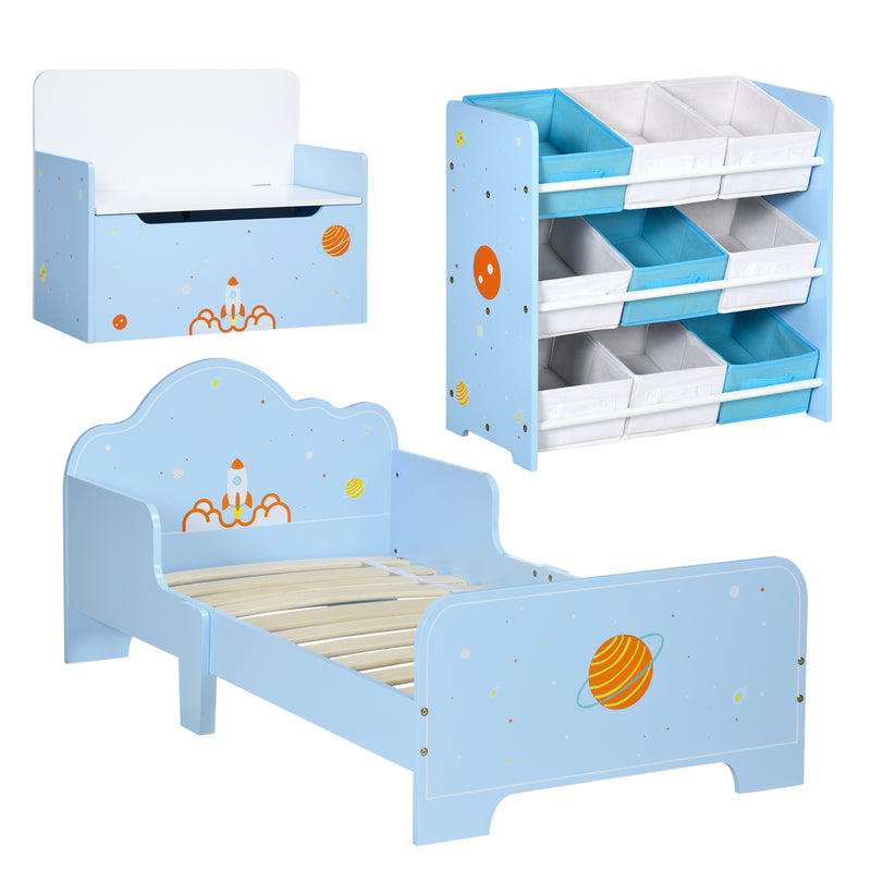 3PCs Kids Bedroom Furniture Set with Bed, Toy Box Bench, Storage Unit with Baskets, Space Themed, for 3-6 Years Old, Blue