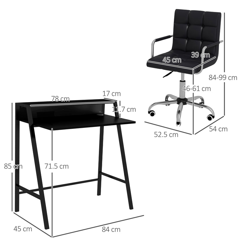 Home Office Chair and Computer Desk Set, Faux Leather Desk Chair with Swivel Wheels, Study Desk with Storage Shelf, Black